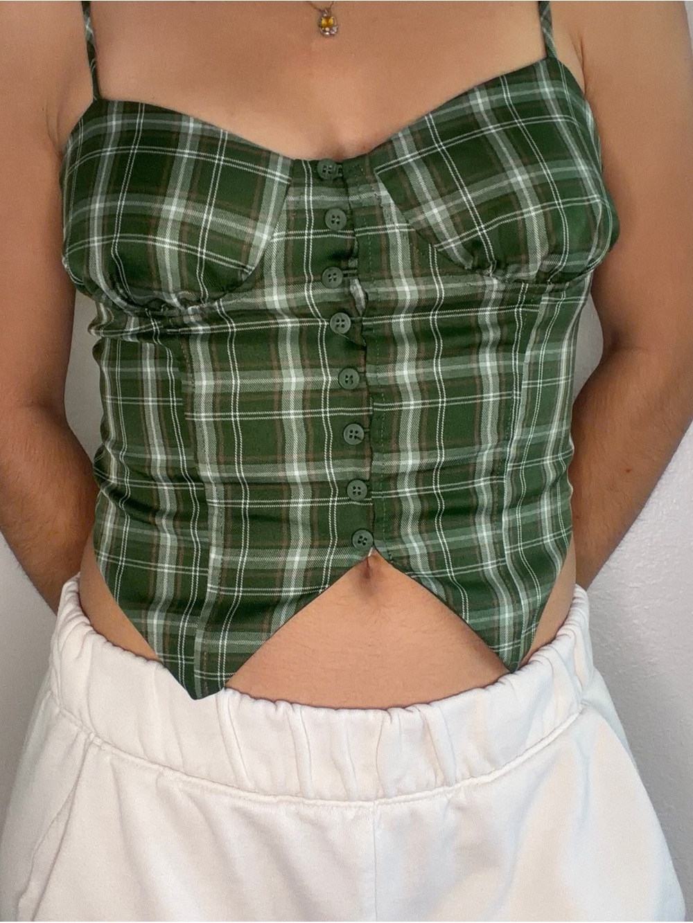 Forever 21 Green Plaid Button-Front Crop Top